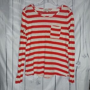 LOFT Red and White Classic Linen Blend Striped Women's  Top
